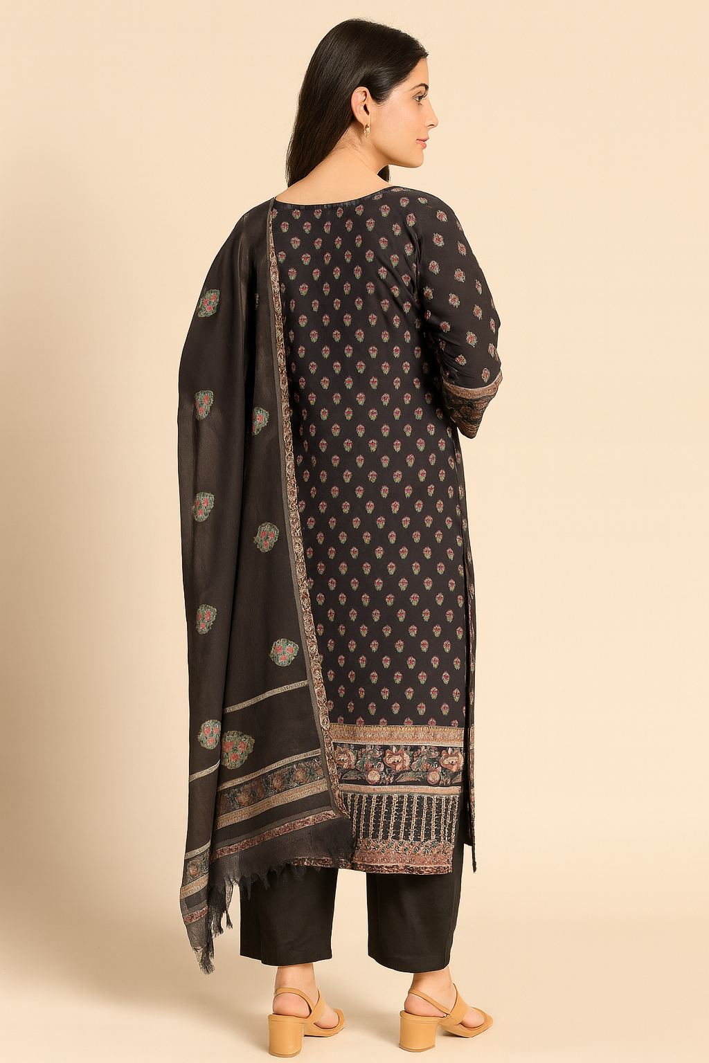 Elegant Black Printed Cotton Kurta Set with Dupatta