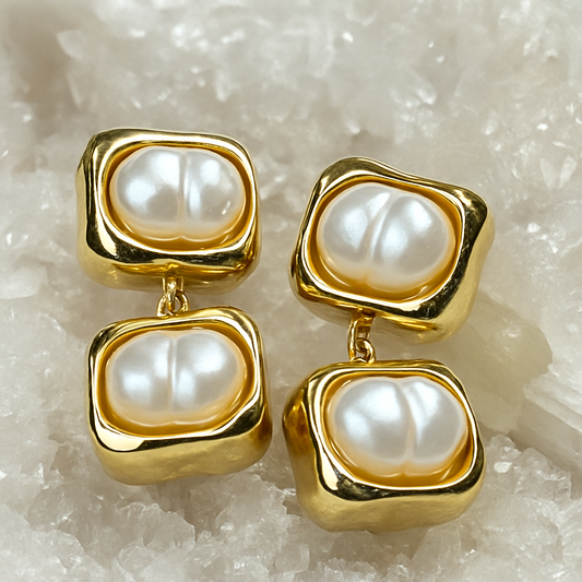 Gold Square Pearl Drop Earrings
