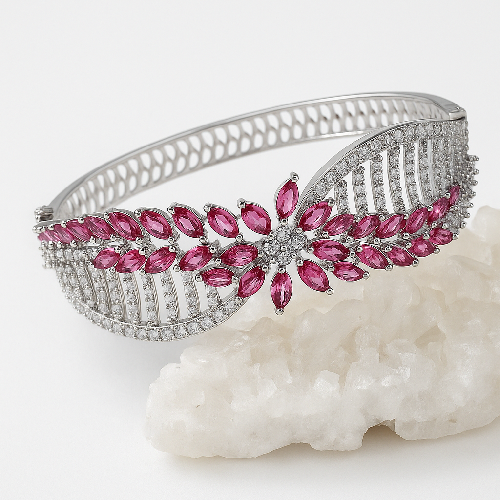 Silver Floral Pink Crystal Bracelet – Elegant Statement Jewelry for Women