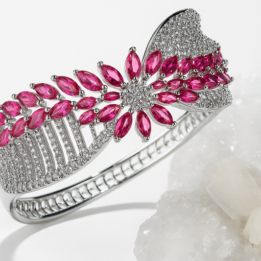 Silver Floral Pink Crystal Bracelet – Elegant Statement Jewelry for Women