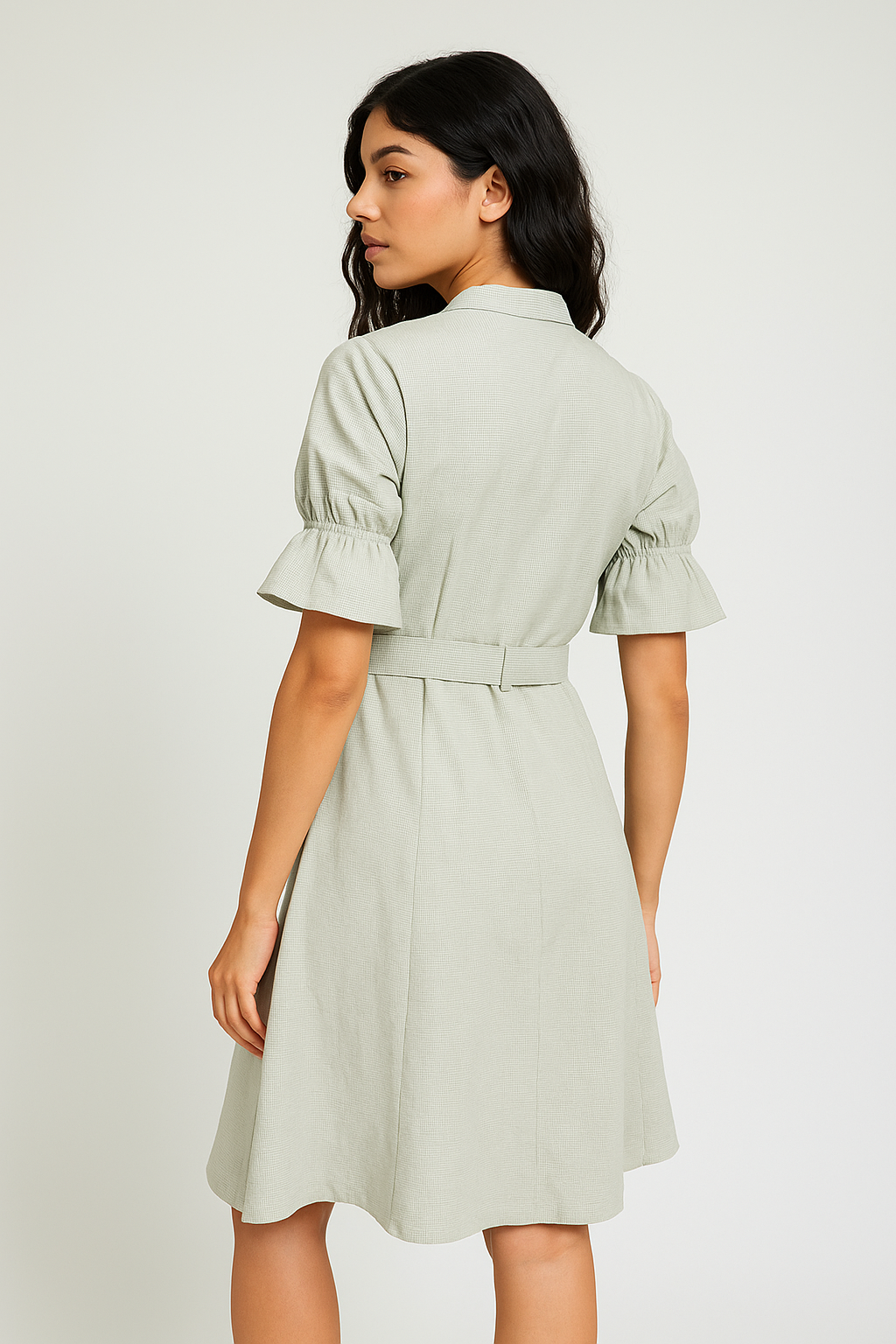 Sage Green Belted Mini Dress with Button Detail