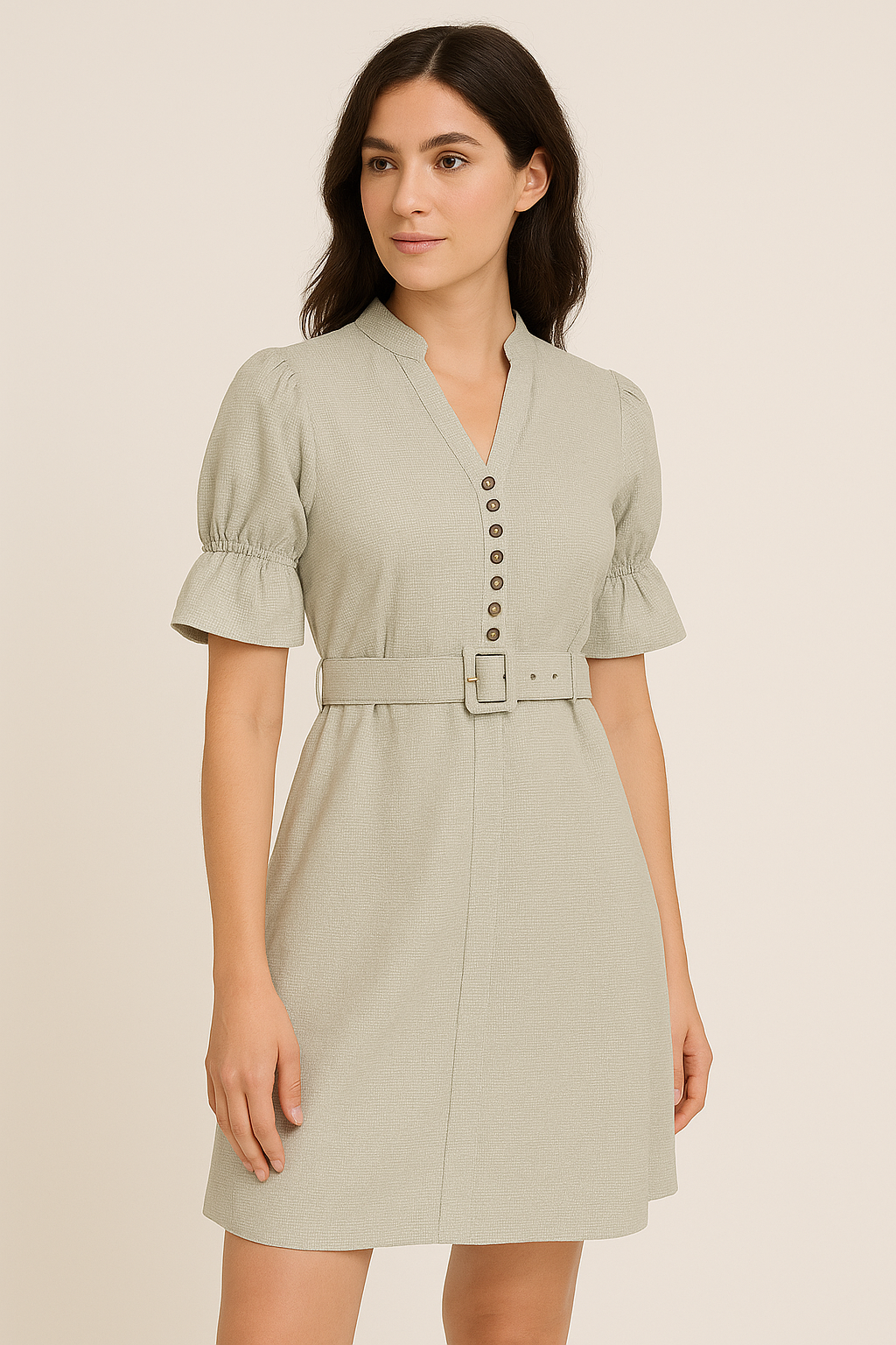 Sage Green Belted Mini Dress with Button Detail
