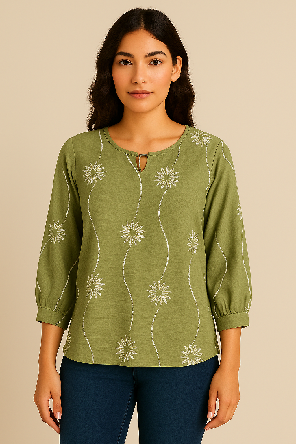 Embroidered Floral 3/4 Sleeve Top