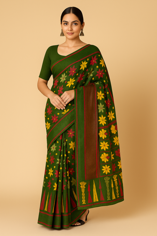 Elegant Green Handloom Saree with Floral and Traditional Motifs