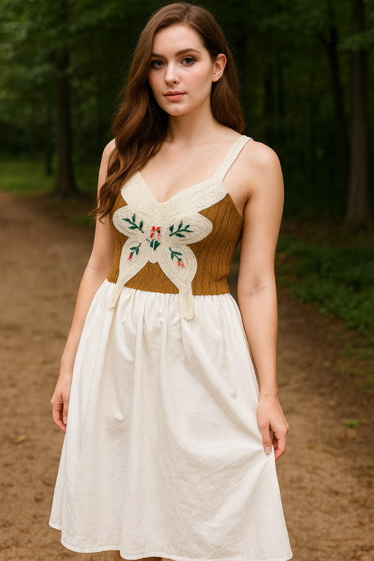 Vintage Boho Embroidered Sundress – White & Mustard