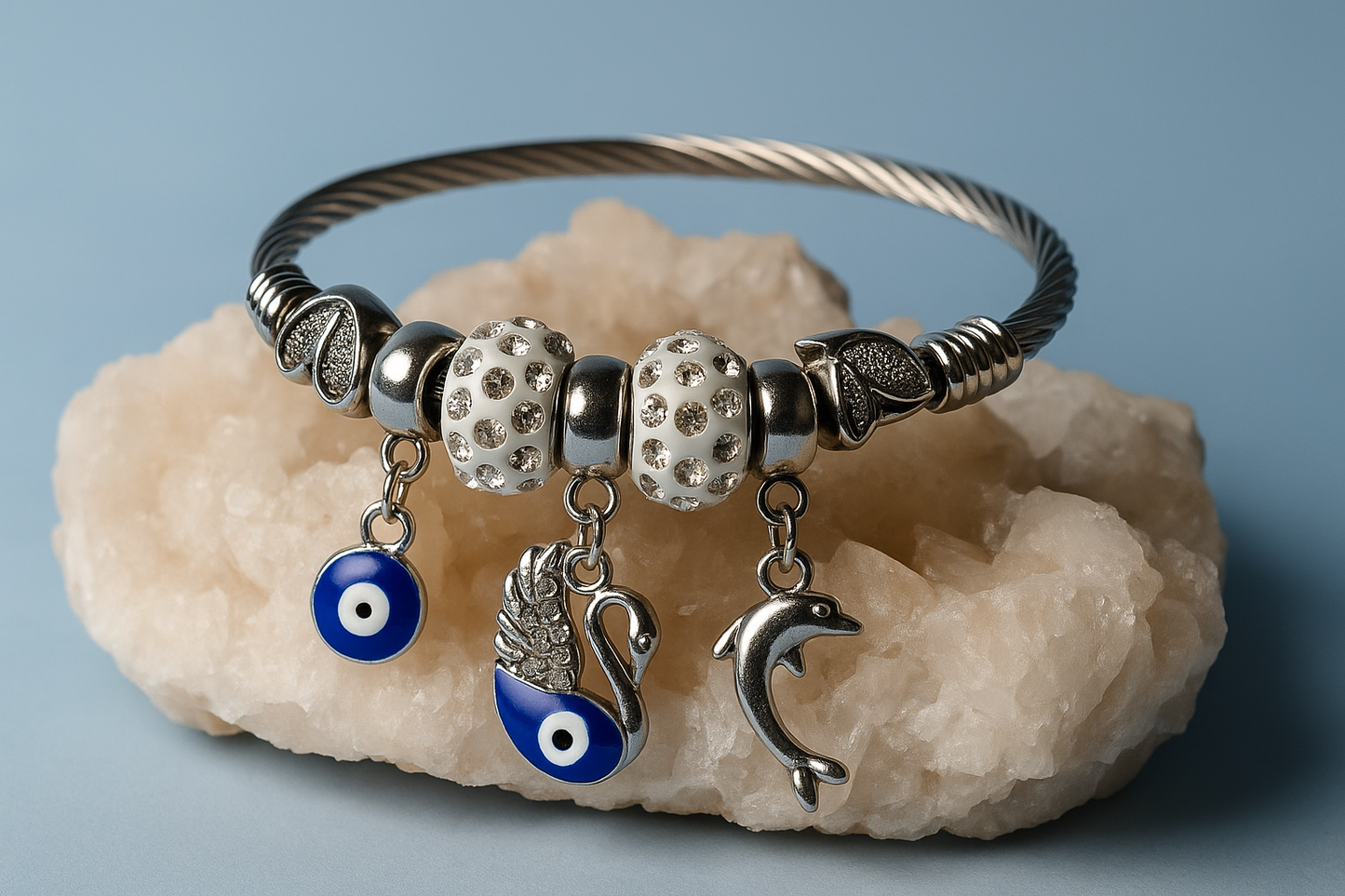 Silver Cable Charm Bracelet with Evil Eye, Swan & Dolphin Charms | Stylish Adjustable Bracelet for Women