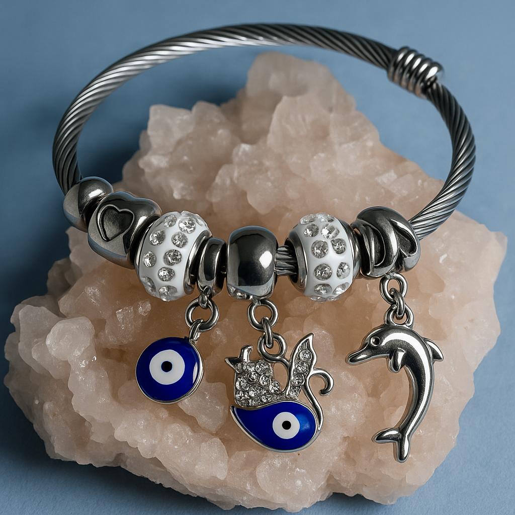 Silver Cable Charm Bracelet with Evil Eye, Swan & Dolphin Charms | Stylish Adjustable Bracelet for Women