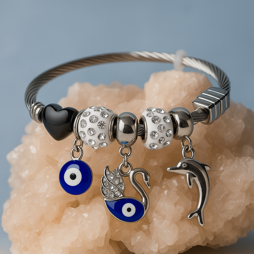 Silver Cable Charm Bracelet with Evil Eye, Swan & Dolphin Charms | Stylish Adjustable Bracelet for Women