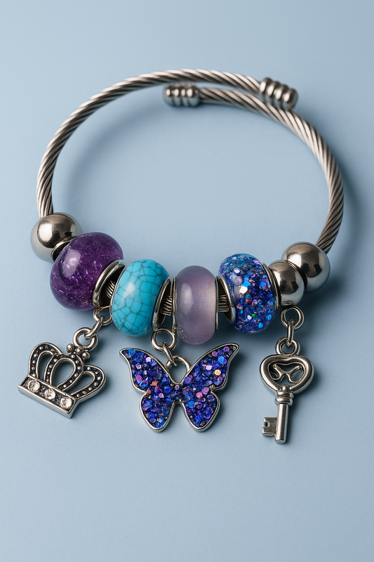Butterfly Charm Bracelet with Crown & Key | Multicolor Beaded Adjustable Bracelet for Women