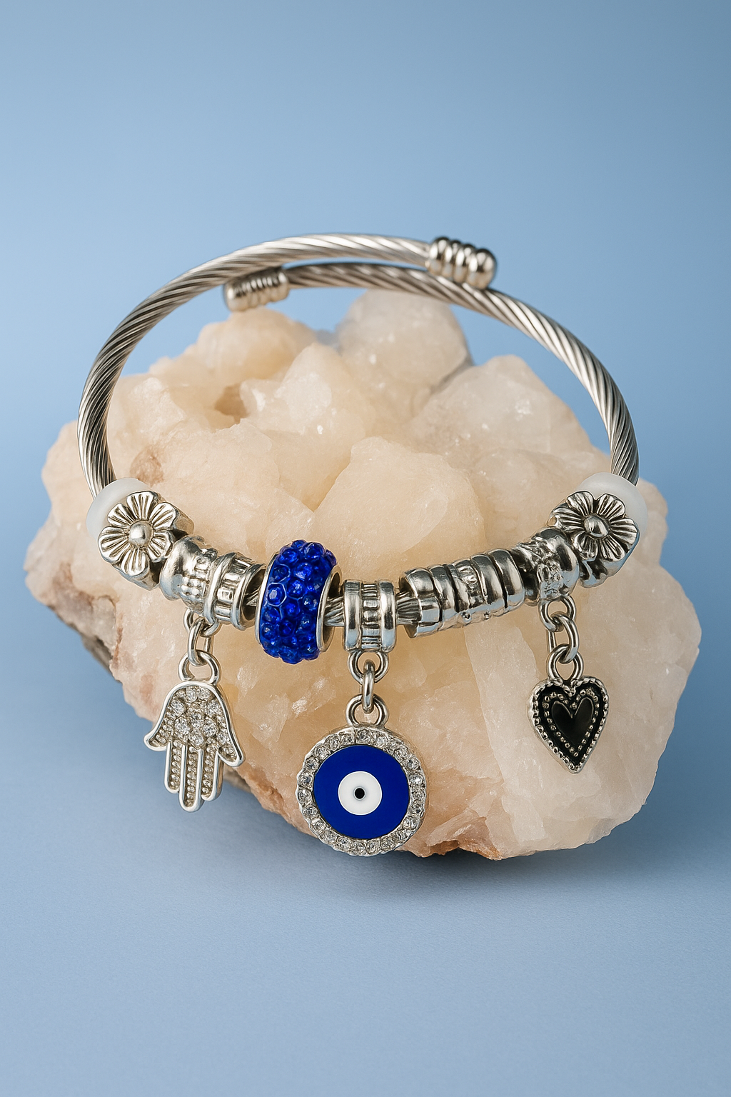 Evil Eye Charm Bracelet with Heart & Hamsa Hand | Silver Finish Adjustable Bracelet for Women