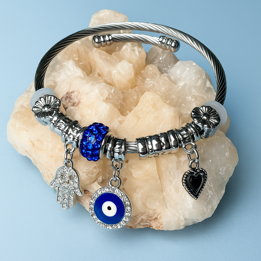 Evil Eye Charm Bracelet with Heart & Hamsa Hand | Silver Finish Adjustable Bracelet for Women