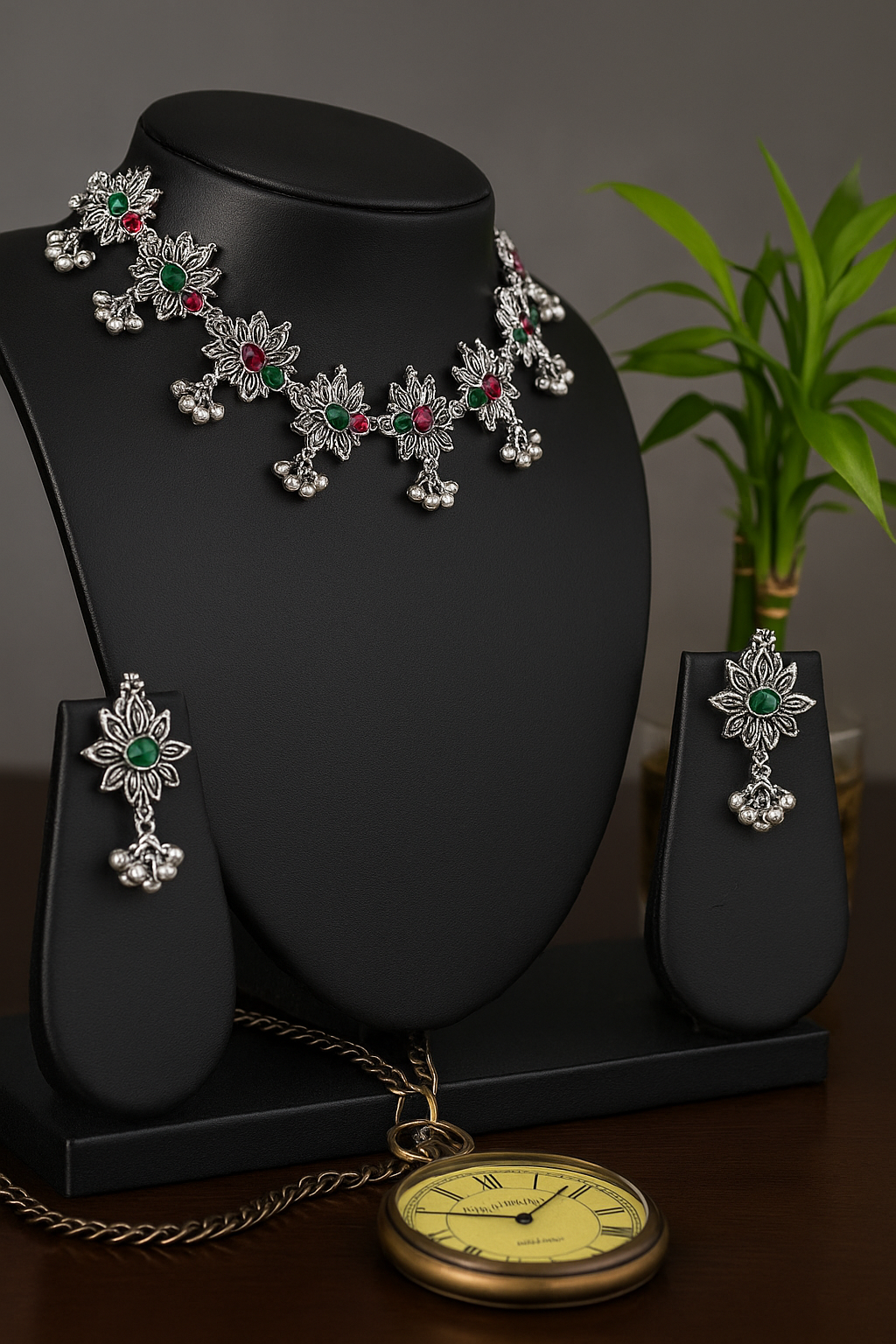 Oxidized Silver Floral Necklace Set with Green & Pink Stones | Ethnic Choker Jewelry for Women