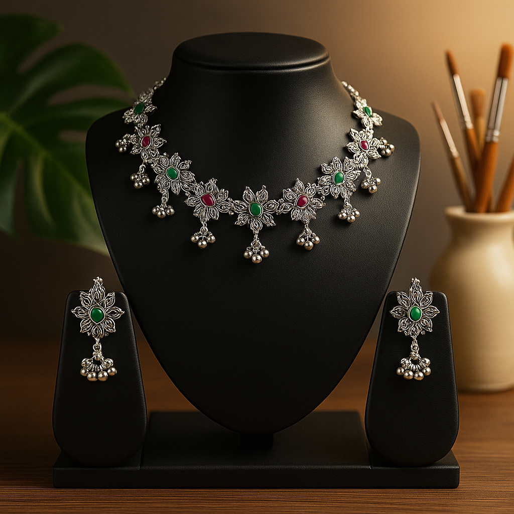 Oxidized Silver Floral Necklace Set with Green & Pink Stones | Ethnic Choker Jewelry for Women