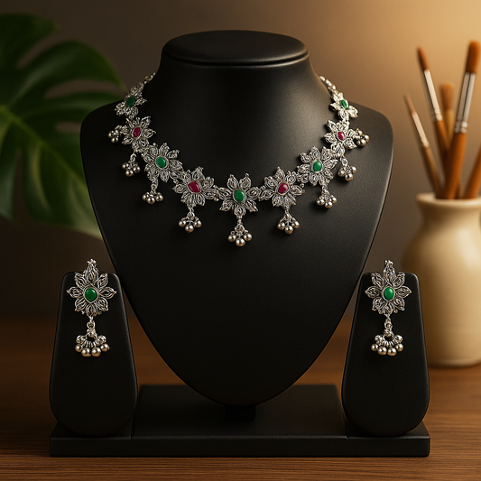 Oxidized Silver Floral Necklace Set with Green & Pink Stones | Ethnic Choker Jewelry for Women