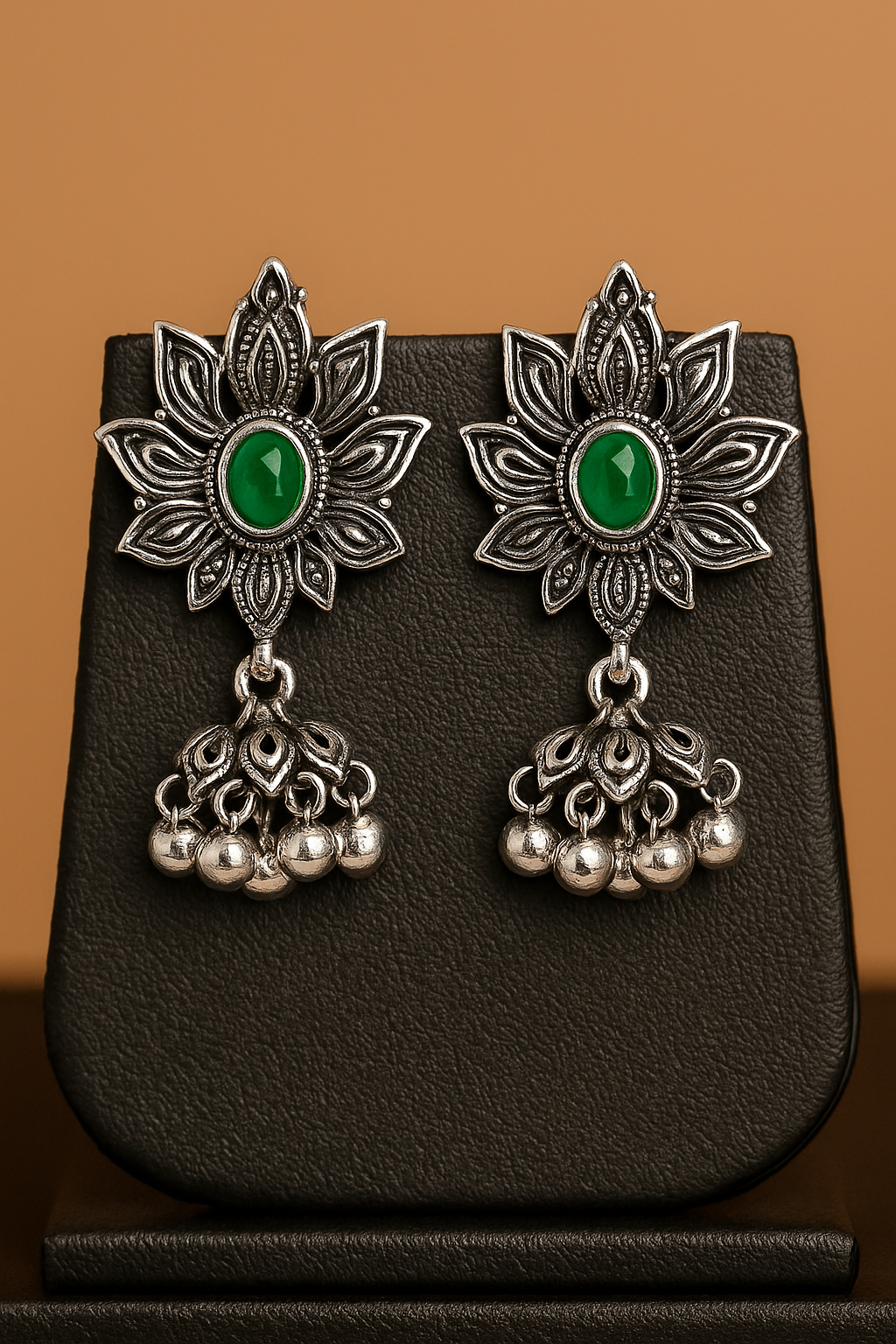 Oxidized Silver Floral Necklace Set with Green & Pink Stones | Ethnic Choker Jewelry for Women