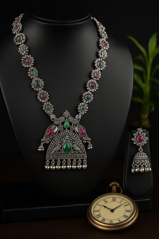 Oxidized Silver Peacock Necklace Set with Green & Pink Stones | Traditional Temple Jewelry for Women