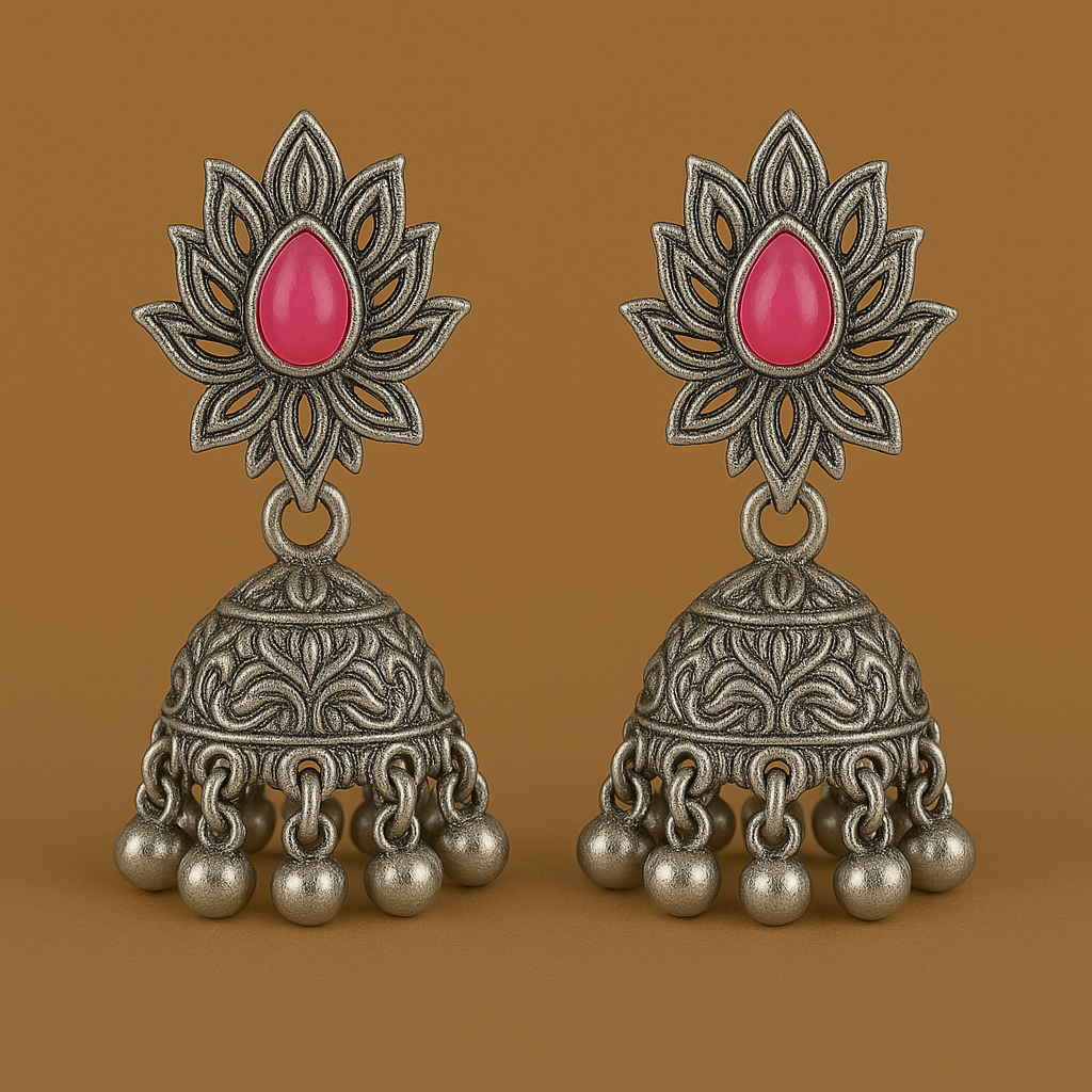 Oxidized Silver Peacock Necklace Set with Green & Pink Stones | Traditional Temple Jewelry for Women