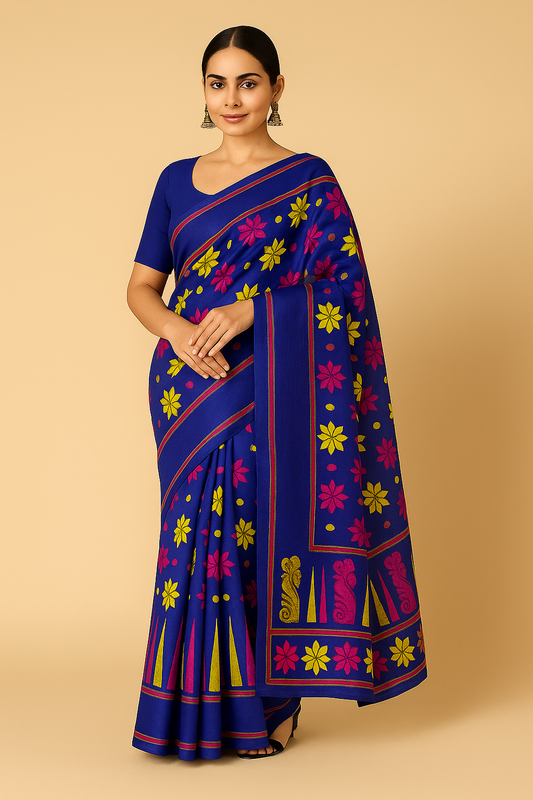 Handloom-Inspired Floral Weave Saree with Contrast Border