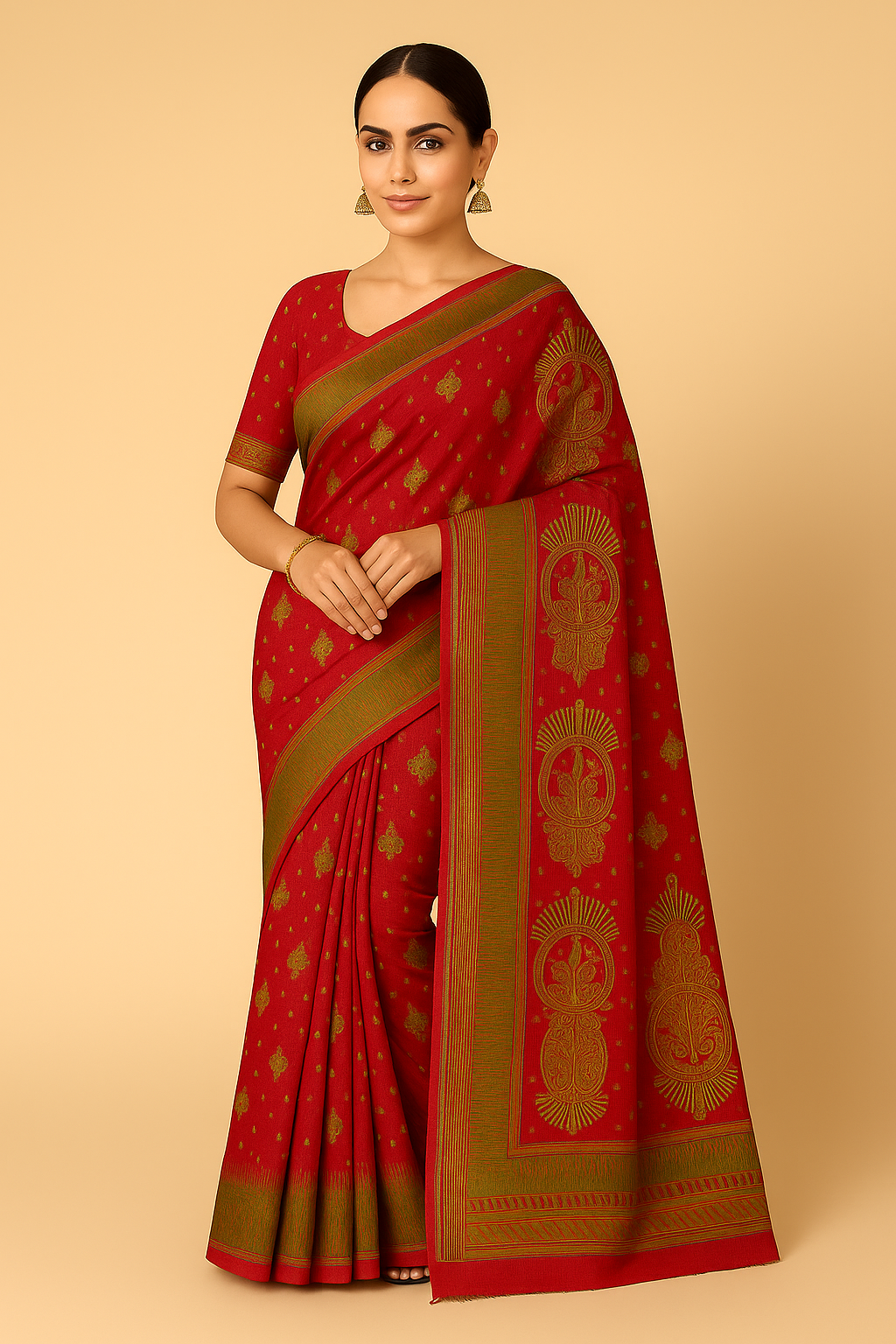Traditional Red & Green Silk Saree with Golden Zari Weaving