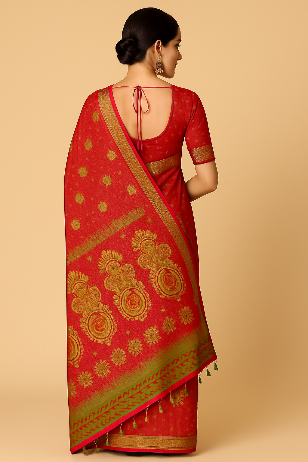 Traditional Red & Green Silk Saree with Golden Zari Weaving