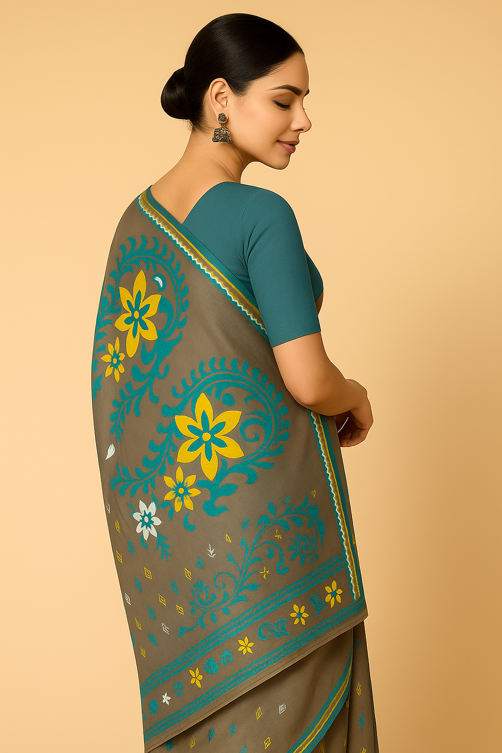 Elegant Grey Linen Saree with Teal and Yellow Floral Design