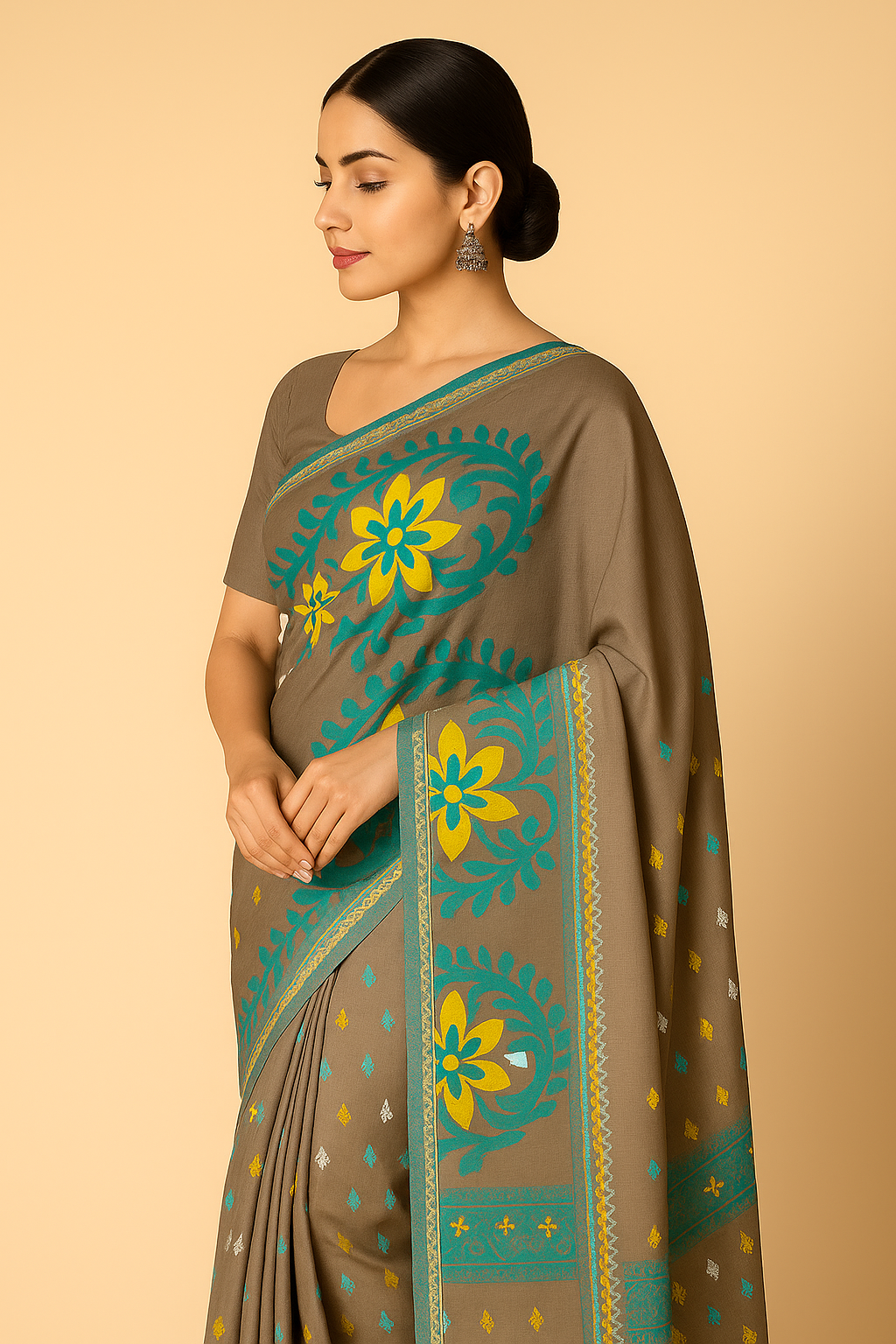 Elegant Grey Linen Saree with Teal and Yellow Floral Design