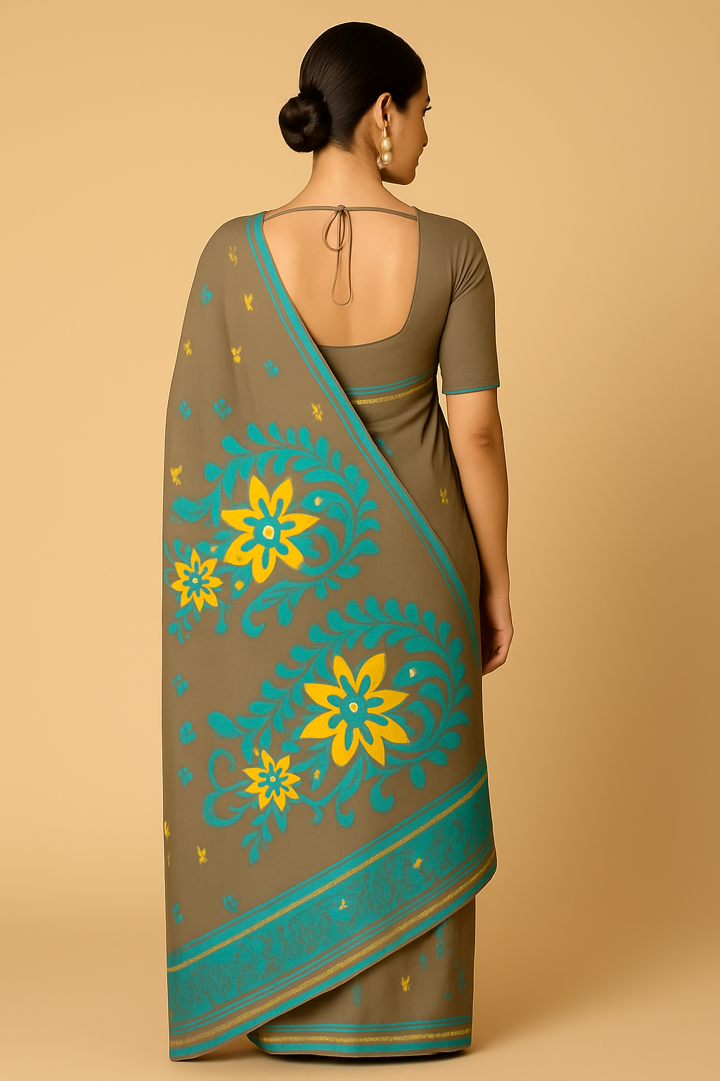 Elegant Grey Linen Saree with Teal and Yellow Floral Design