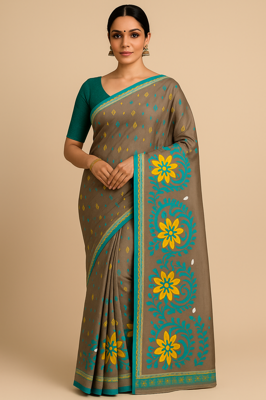 Elegant Grey Linen Saree with Teal and Yellow Floral Design