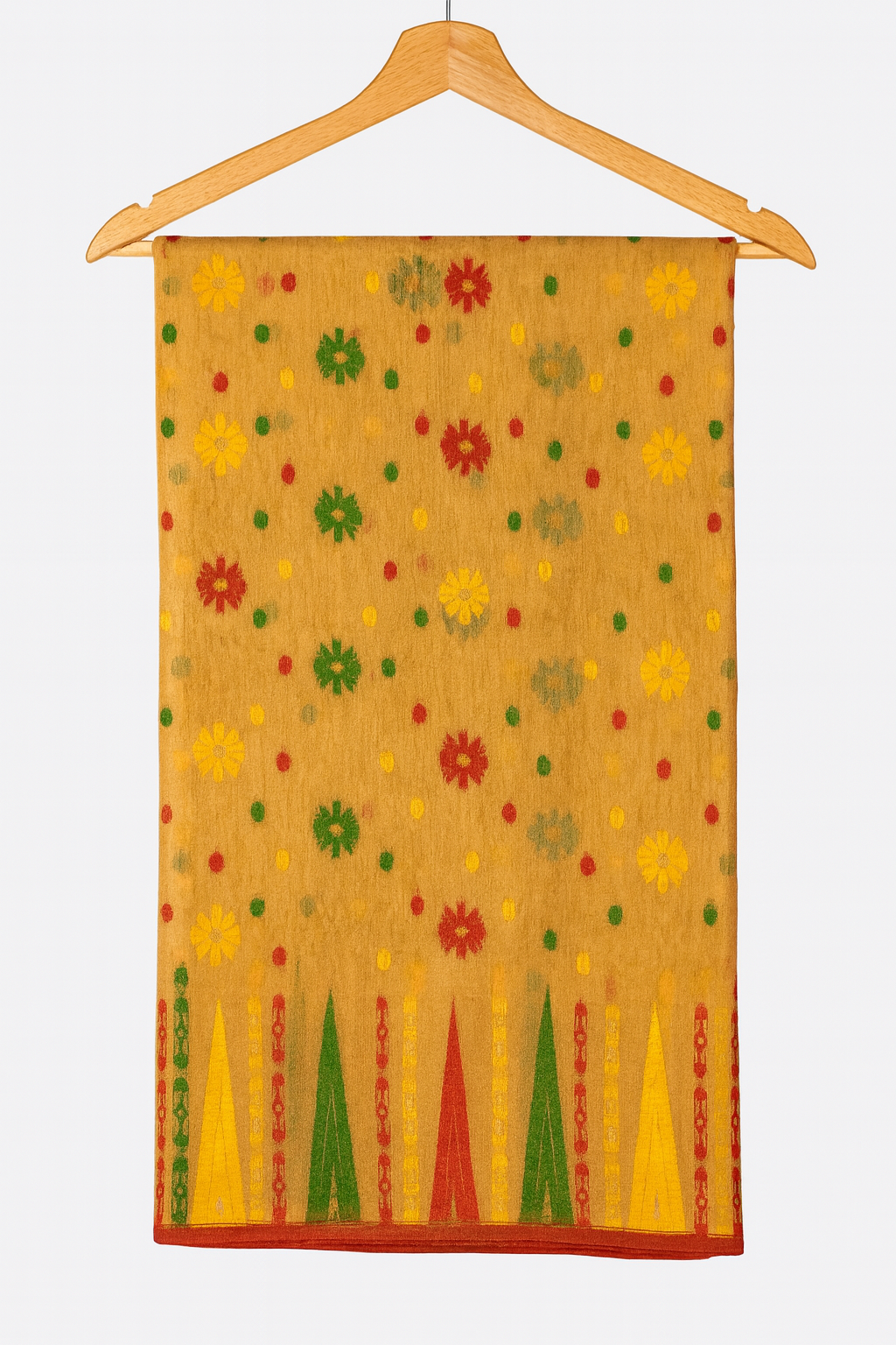 Traditional Handloom Cotton Saree – Mustard Yellow with Multicolor Thread Work