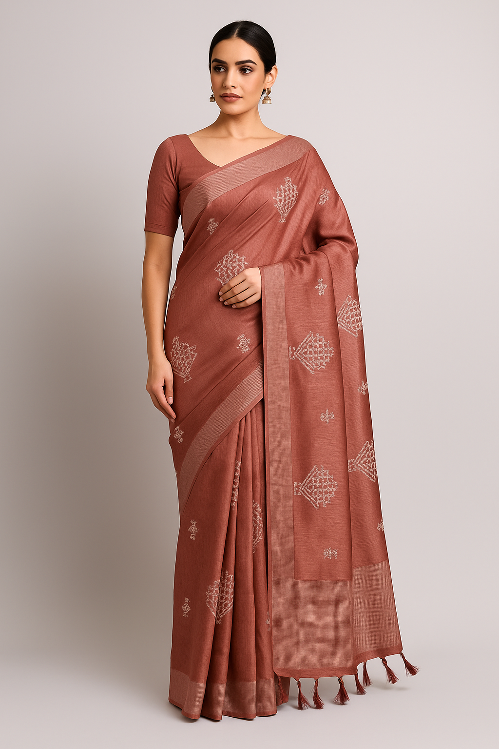 Handloom Saree with Intricate Thread Work and Subtle Zari Border