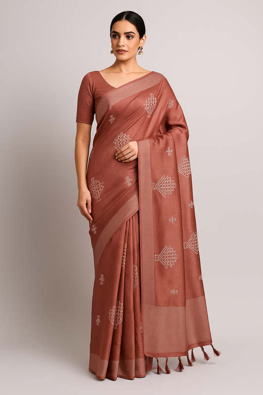 Handloom Saree with Intricate Thread Work and Subtle Zari Border