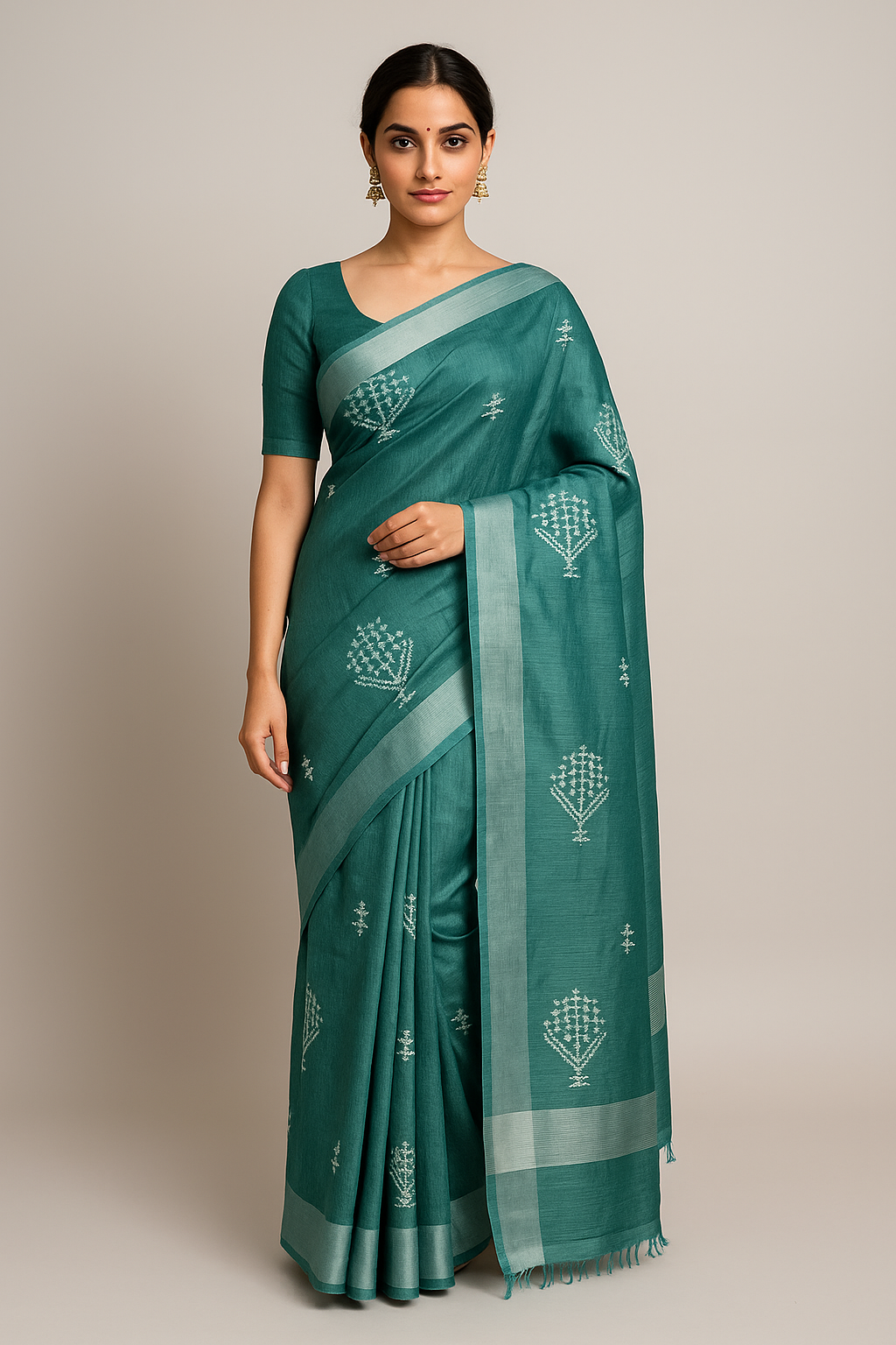 Handloom Saree with Intricate Thread Work and Subtle Zari Border