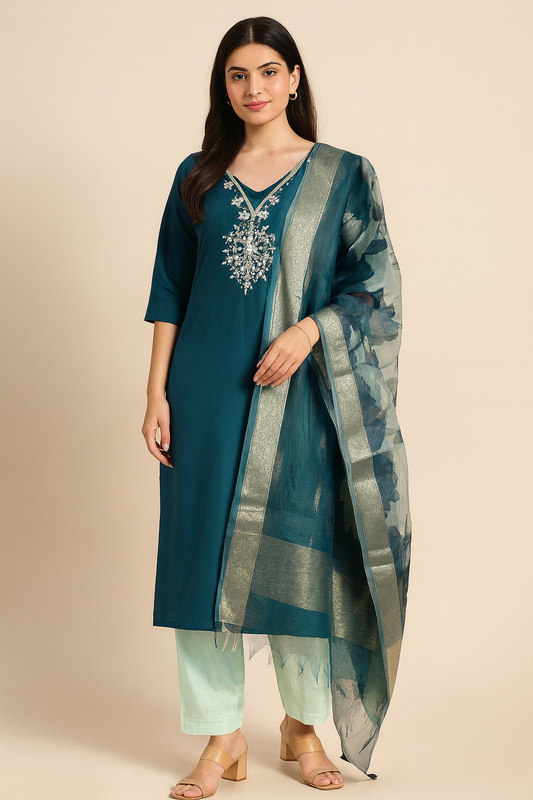 Embroidered Three-Piece Suit Set with Floral Dupatta