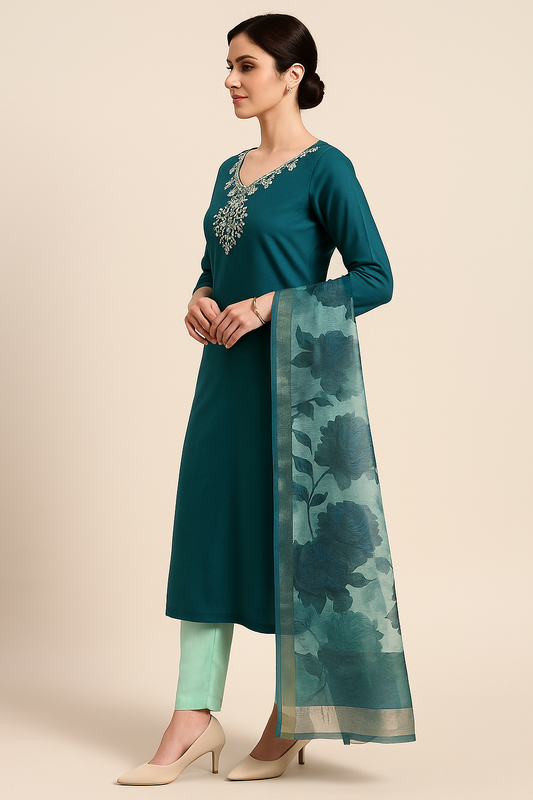 Embroidered Three-Piece Suit Set with Floral Dupatta