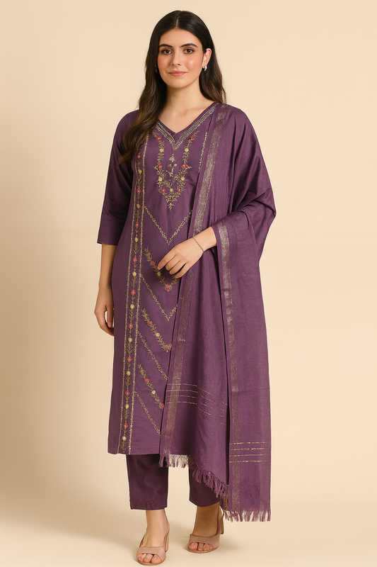 Elegant Plum Purple Embroidered Cotton Kurta Set with Dupatta