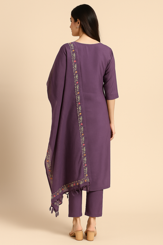 Elegant Plum Purple Embroidered Cotton Kurta Set with Dupatta