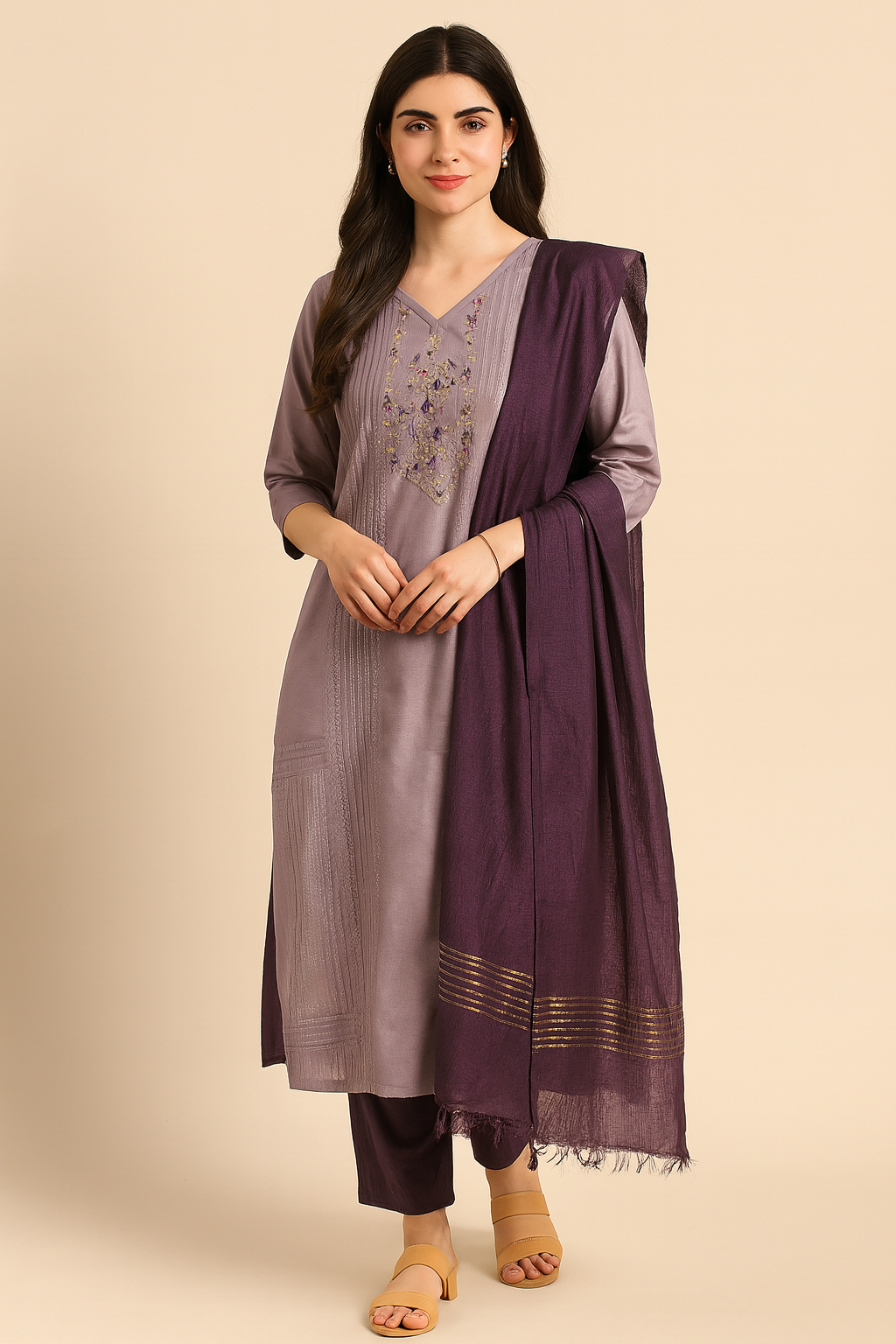 Graceful Lavender & Plum Embroidered Cotton Kurta Set with Dupatta