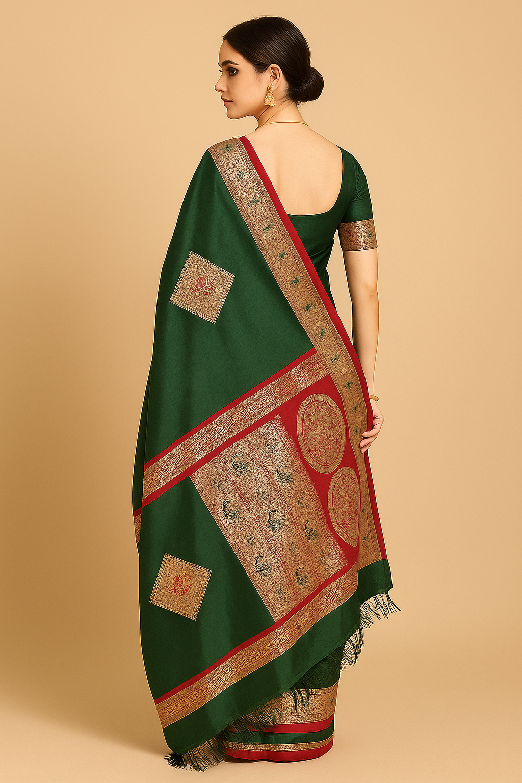 Emerald Green Banarasi Silk Saree with Red & Gold Zari Border