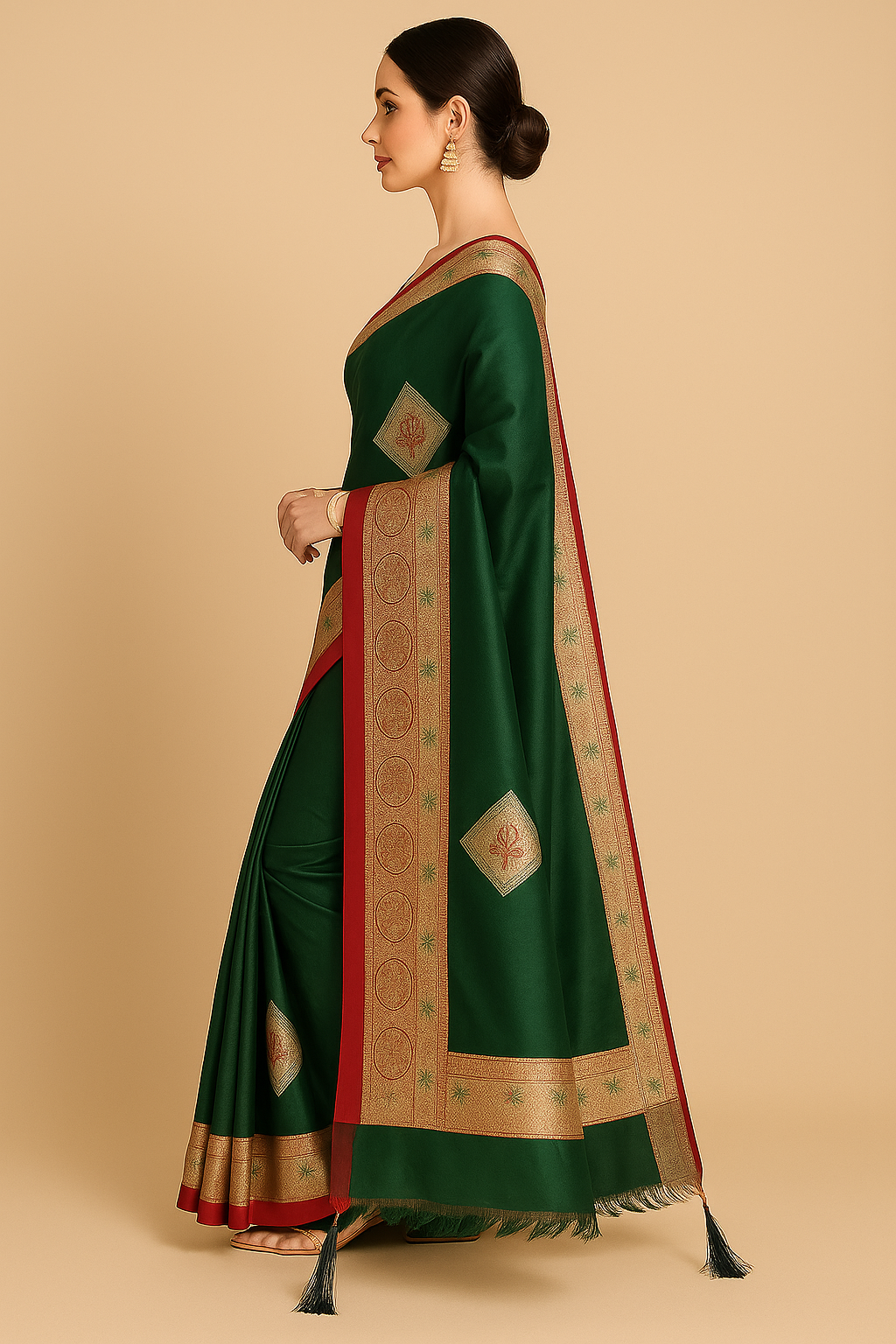 Emerald Green Banarasi Silk Saree with Red & Gold Zari Border