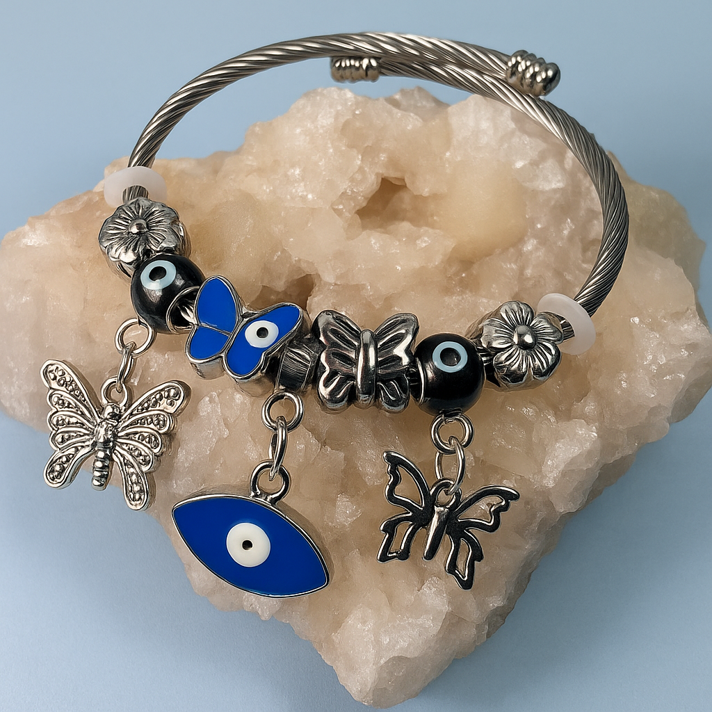 Butterfly & Evil Eye Charm Bangle Bracelet