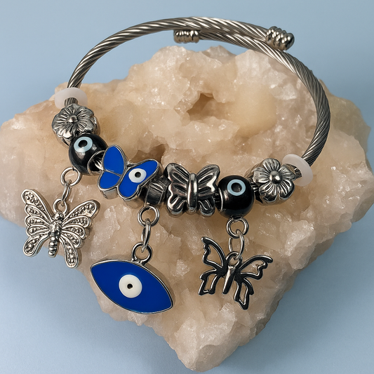 Butterfly & Evil Eye Charm Bangle Bracelet
