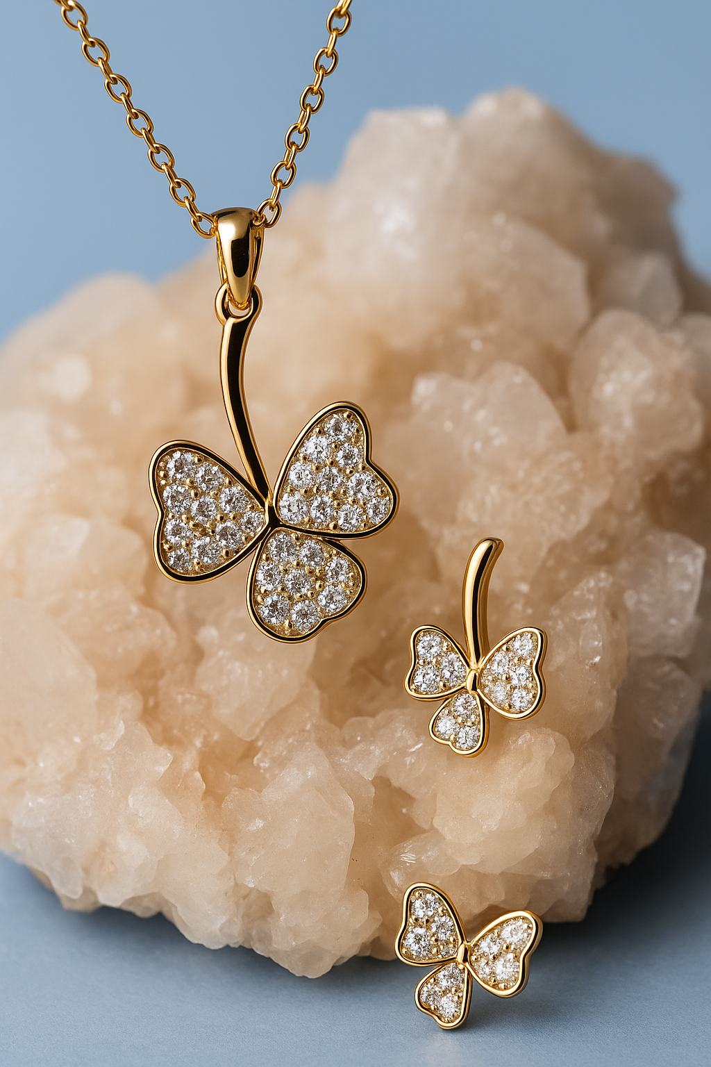 Four-Leaf Clover Necklace & Earrings Set – Sparkling Crystal Jewelry Set for Women