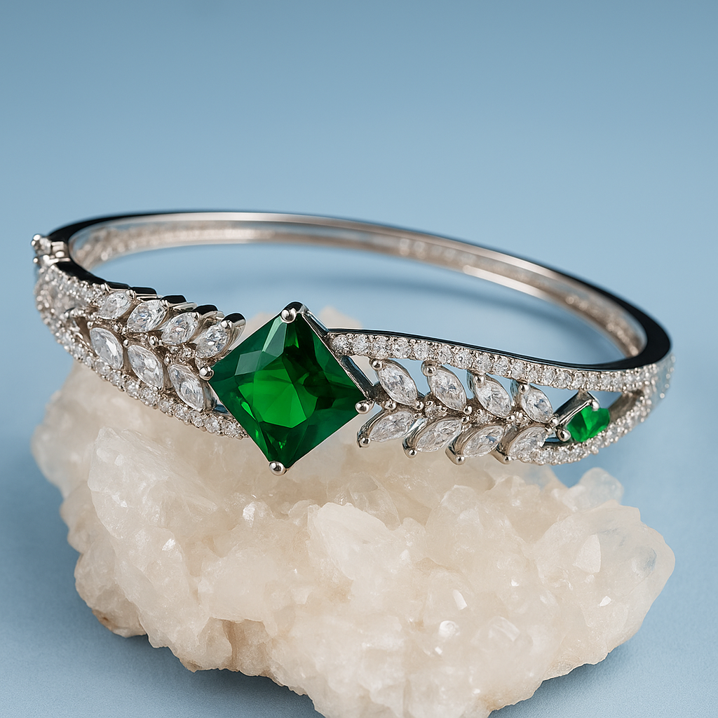 Silver Emerald Green Crystal Bracelet – Luxury Statement Bangle for Women