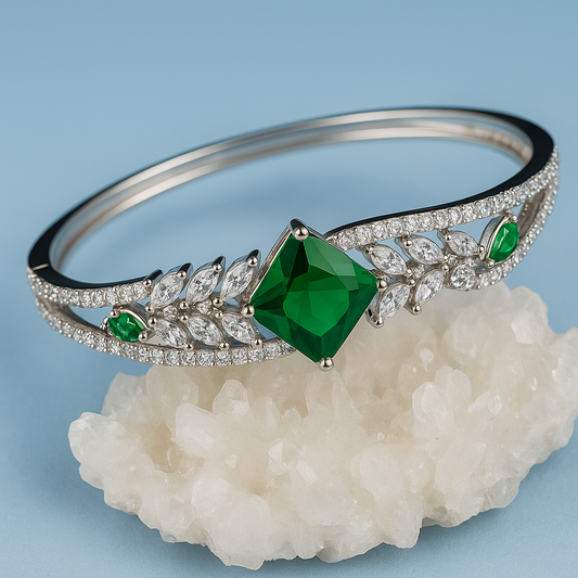 Silver Emerald Green Crystal Bracelet – Luxury Statement Bangle for Women