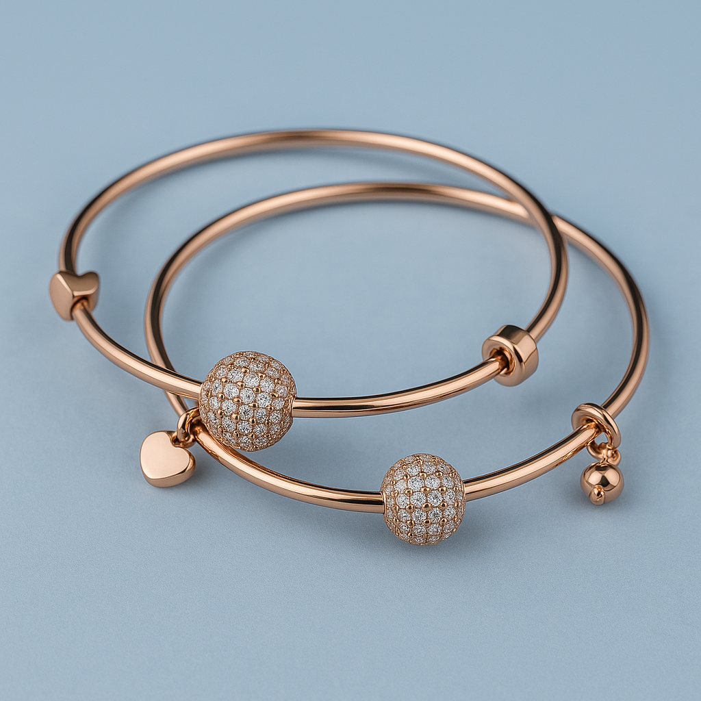 Rose Gold Crystal Charm Bangle Set – Elegant Adjustable Bracelets for Women