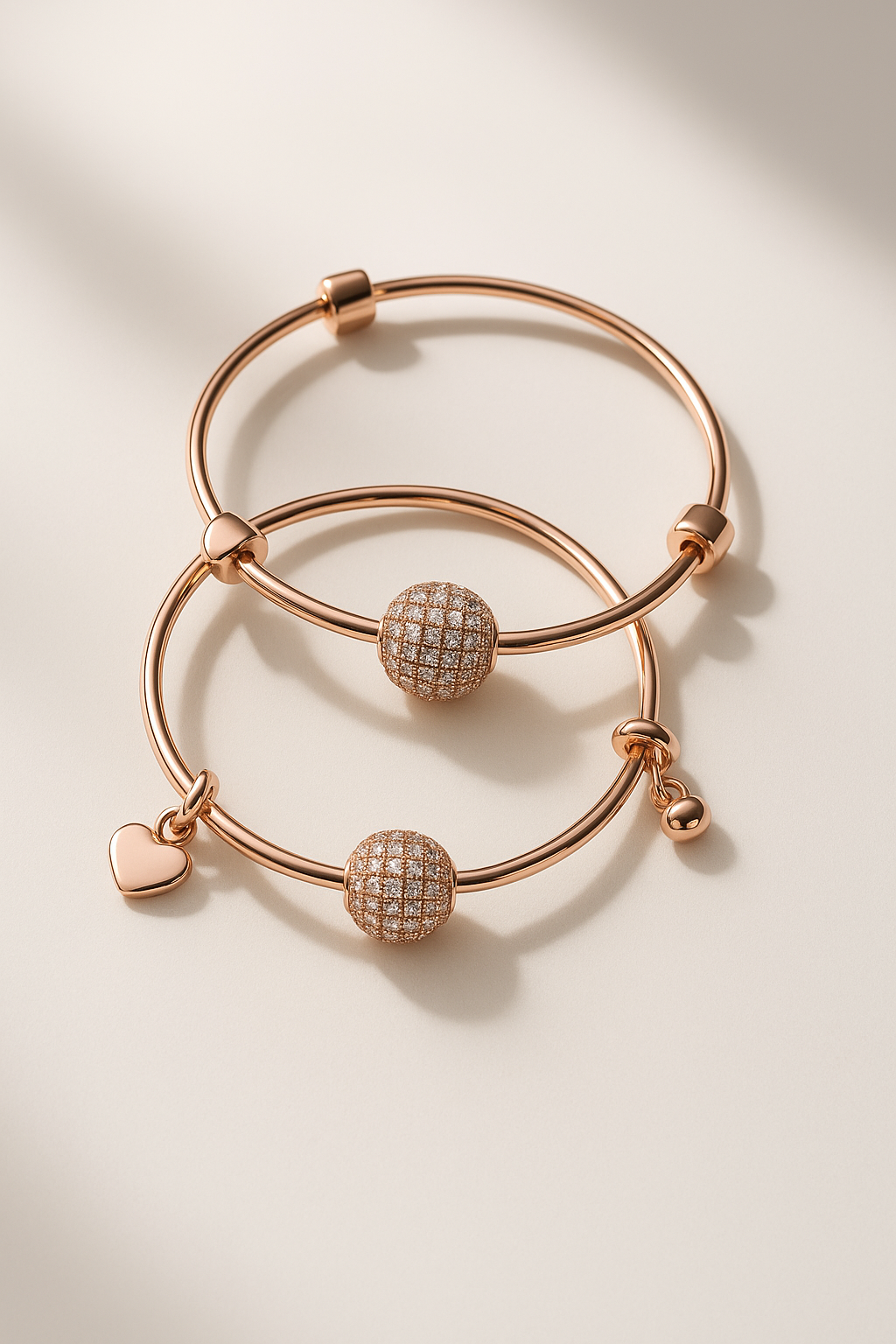 Rose Gold Crystal Charm Bangle Set – Elegant Adjustable Bracelets for Women