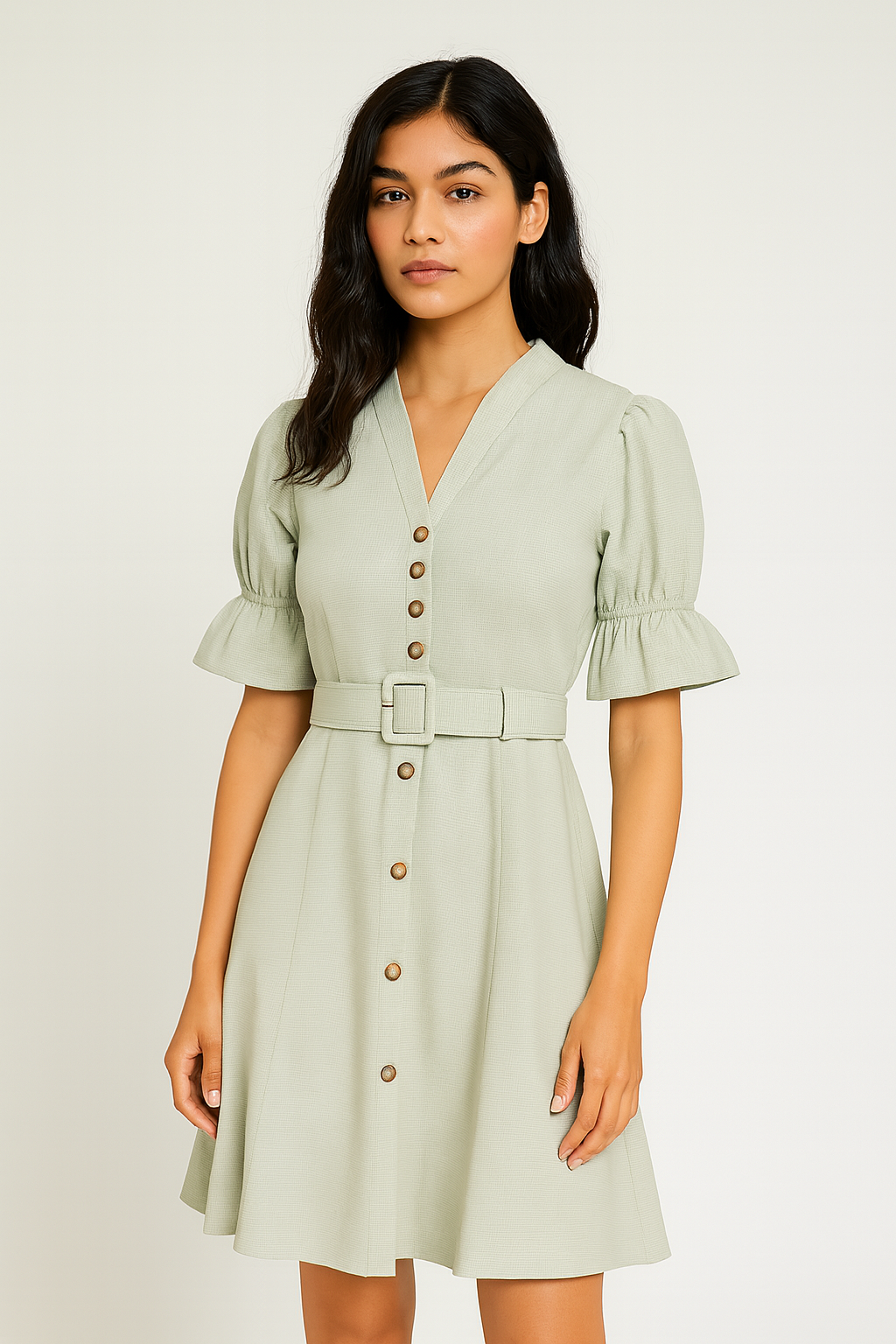 Sage Green Belted Mini Dress with Button Detail