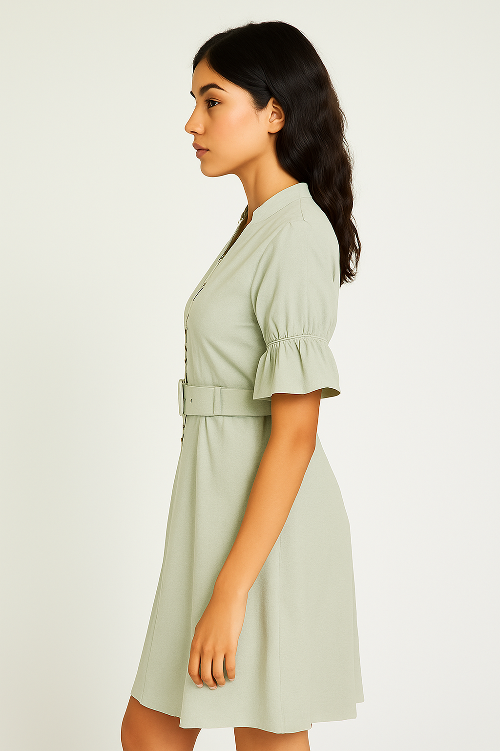 Sage Green Belted Mini Dress with Button Detail