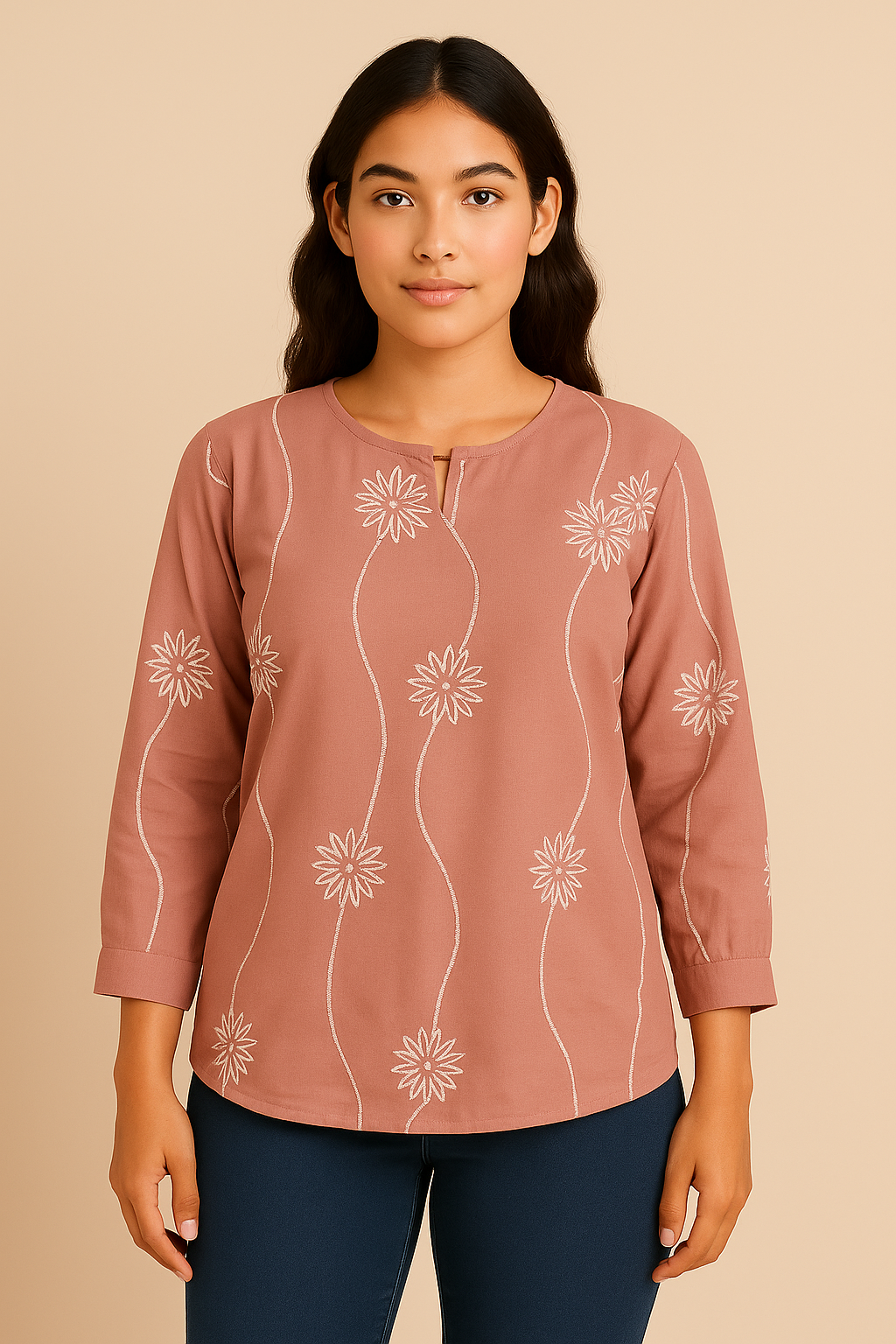 Embroidered Floral 3/4 Sleeve Top