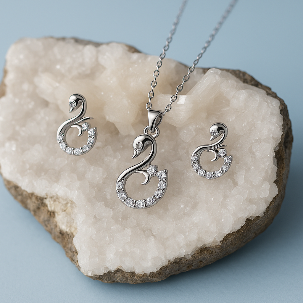 Elegant Swan-Inspired Silver Necklace & Earring Set | Sparkling Crystal Jewelry